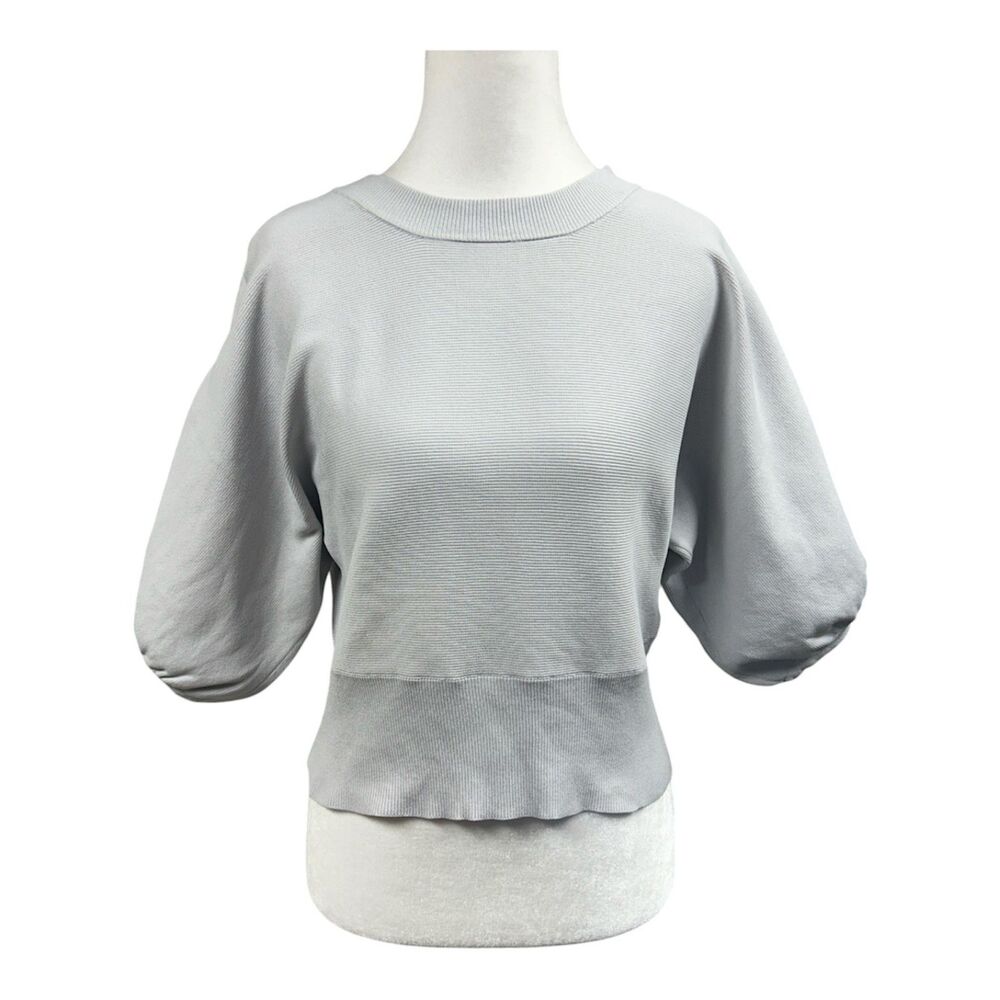 525 Grey Ribbed Balloon Sleeve Top Sz S